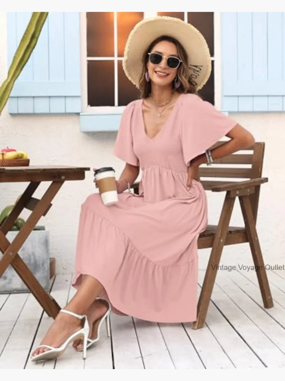 Smocked Empire Waist Midi Dress with Flutter Sleeves - Lightweight & Flowy - Picture 5 of 7